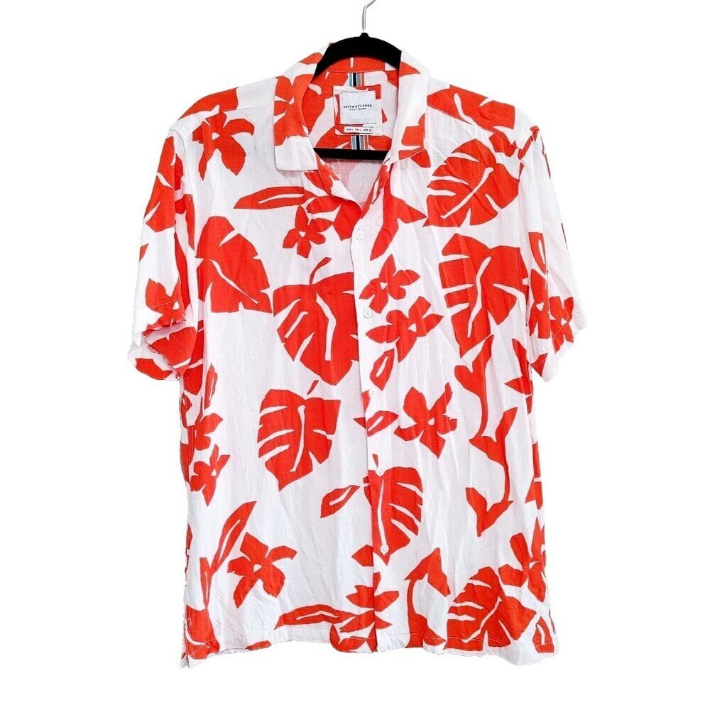 Denim & Flower Ricky Singh Hawaiian Shirt Large Mens Orange  Palm Leaves Floral